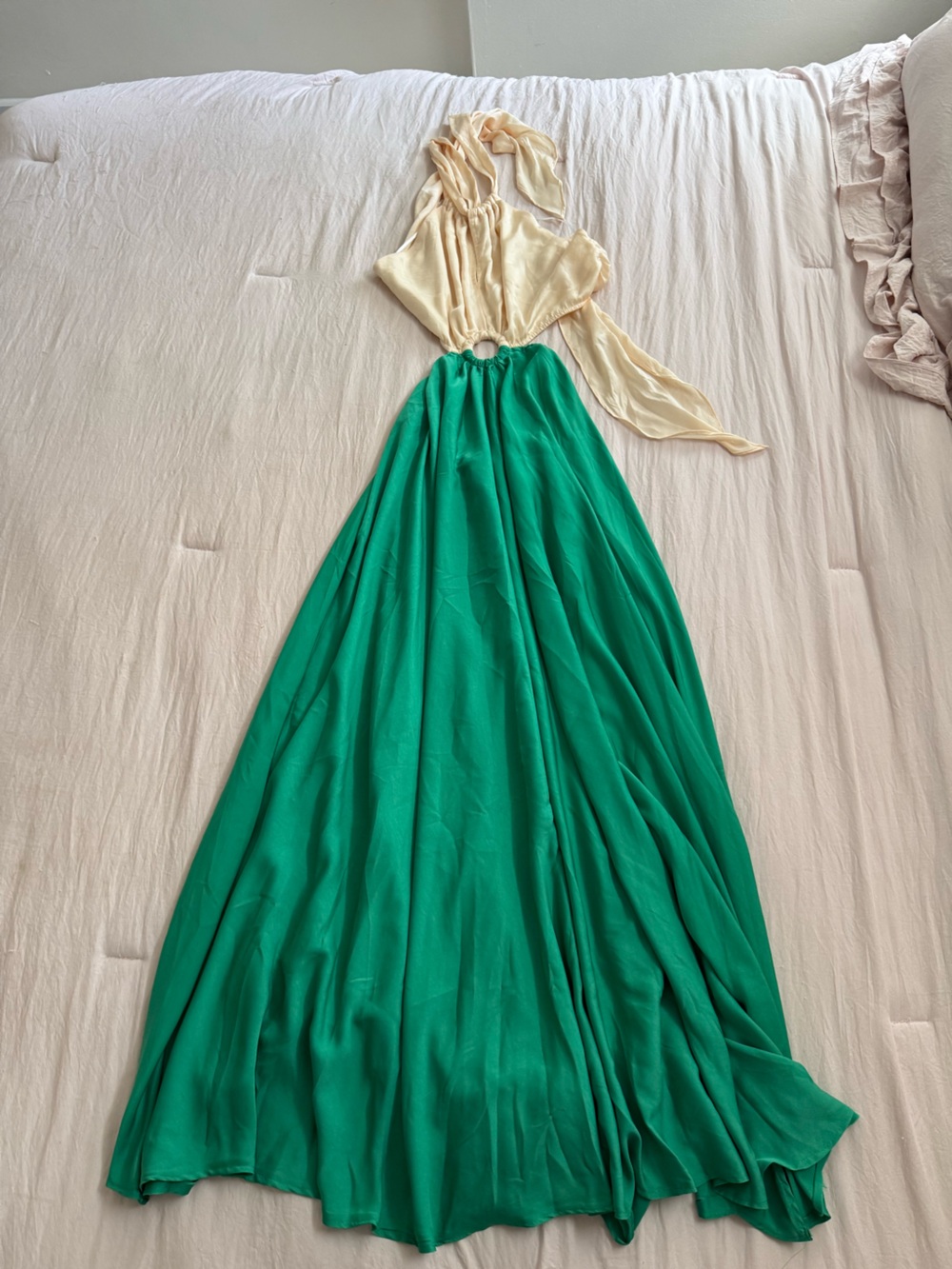 Aakaa Green and Cream Halter Maxi Dress with Ring Detail